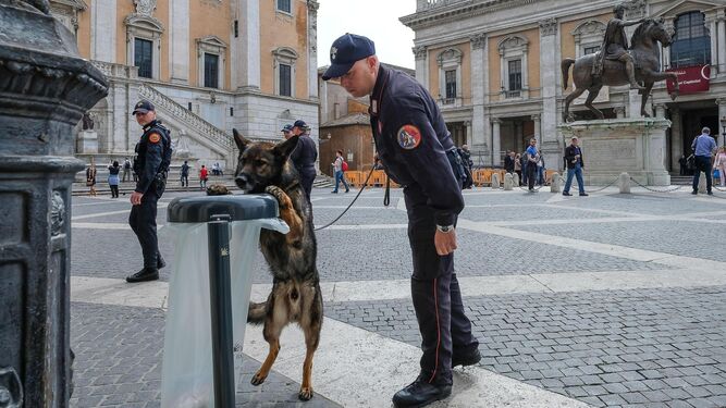 Carabinieri y perros comprueban los alrededores del Palacio Campidoglio, en Roma.
