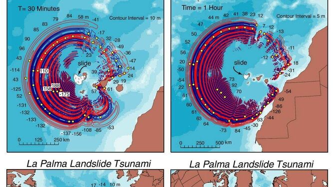 Efecto gradual del desplazamiento de la ola con origen en el volcán de Cumbre Vieja, en la isla canaria de La Palma.