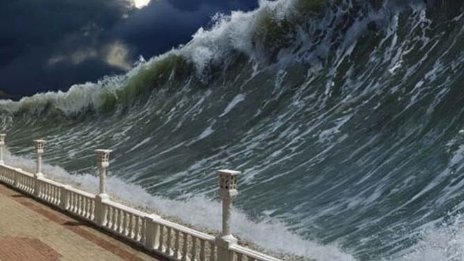 Recreación de una mega ola llegando a Cádiz.