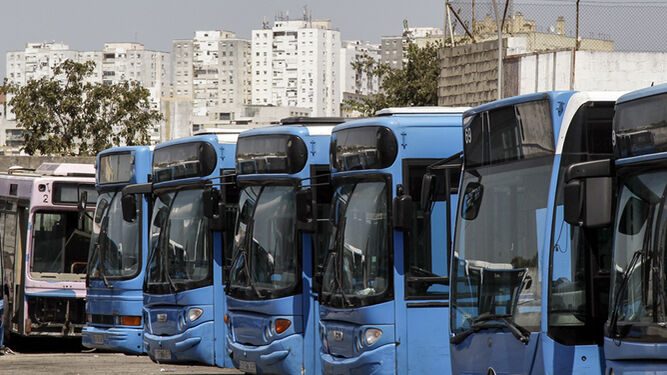Autobuses urbanos aparcados en las cocheras del polígono industrial El Portal.