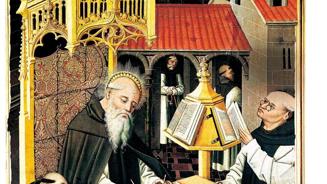 'Los monjes en el scriptorium' protagonizan la portada del libro. 	Maestro del Parral. Hacia 1490. Museo Lázaro Galdiano, Madrid.