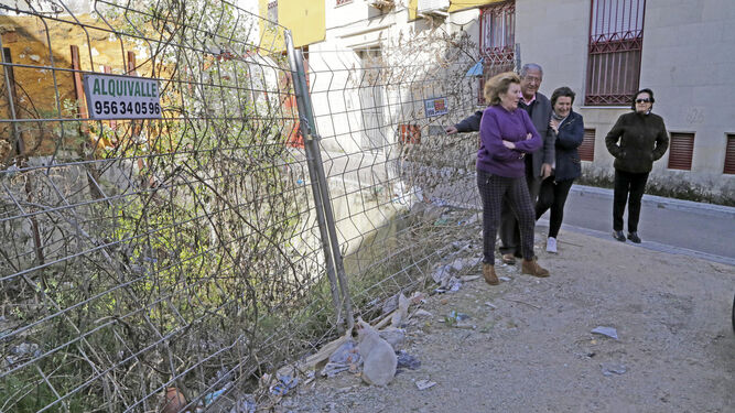 Varios vecinos de la calle San Antón junto al solar convertido en un foco de infección para el barrio de San Miguel.