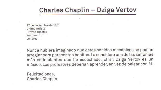 Pequeña carta enviada por Charles Chaplin a Dziga Vertov recogida en el libro.