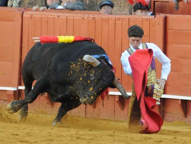 Aguilar prosigue su toreo de rodillas tras sufrir la cogida.

Foto: Antonio Pizarro