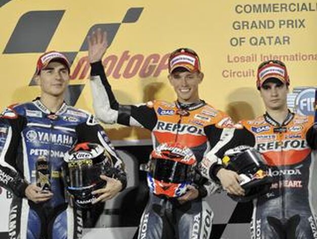 Jorge Lorenzo, Casey Stoner y Dani Pedrosa en el podio del GP de Qatar.

Foto: Efe