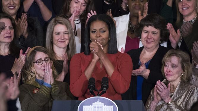 Michelle Obama, emocionada durante su intervención.