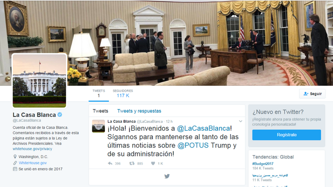 Perfil de Twitter de la Casa Blanca en español.
