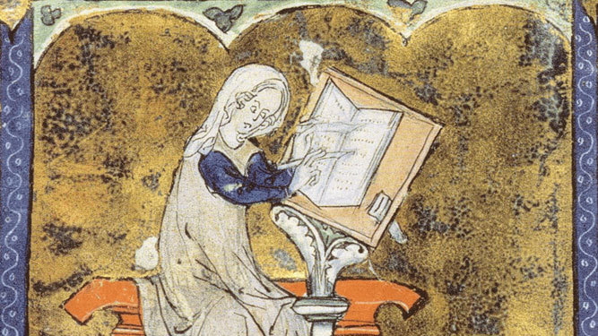 Retrato imaginario de la autora en un manuscrito medieval (Biblioteca Nacional de Francia).