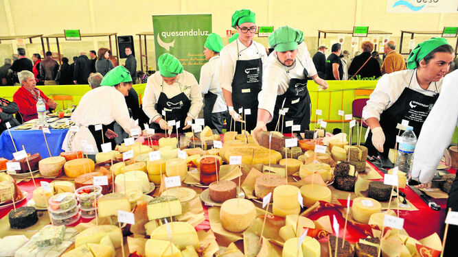 Mesa con muestras de distintos quesos en la Feria de Villaluenga.