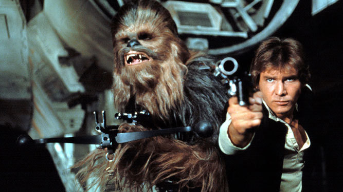 Chewbacca y el Han Solo original,  Harrison Ford.