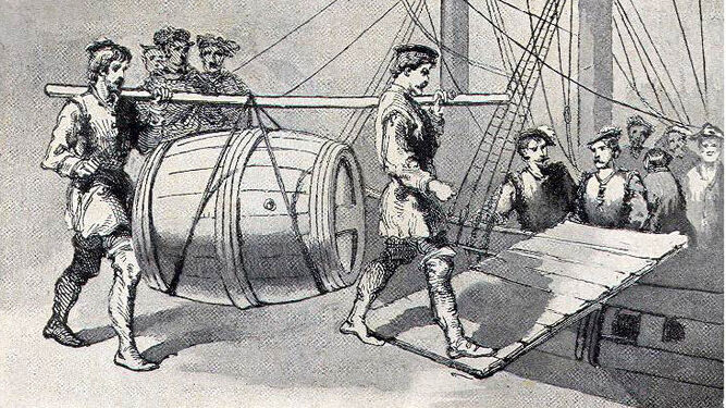 Un grabado que refleja el proceso de embarque de vino en un galeón.