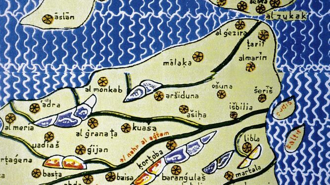 Fragmento del mapa de 1154 del cartógrafo Al-Idrisi que permitió demostrar que sherry deriva del árabe Seris como se conocía la ciudad de Jerez en la época musulmana.