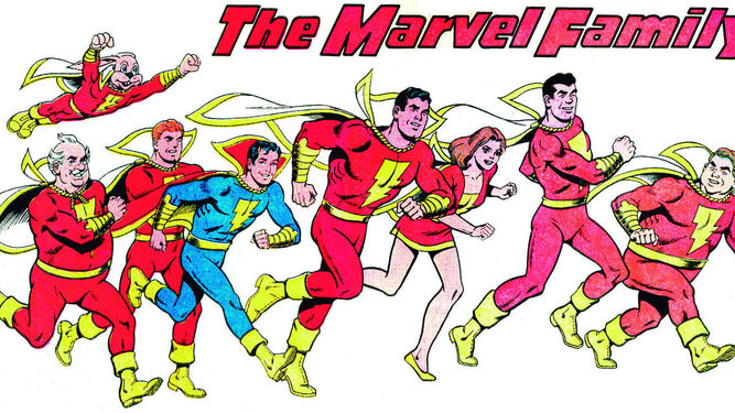 La Familia Marvel, con el Capitán Marvel en el centro de la imagen.