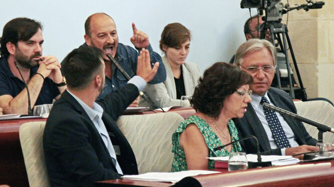 El portavoz de IU, Raúl Ruiz-Berdejo, le reprocha a Carmen Collado un comentario durante su intervención.