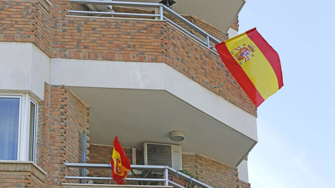 Dos viviendas de un mismo bloque de la calle Paúl, con banderas al aire.