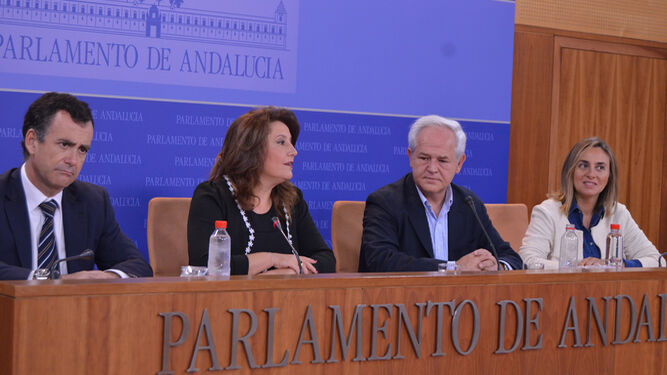 Los diputados del PP Pablo Venzal, Carmen Crespo, José Antonio Miranda y Marifrán Carazo, ayer en la sala de prensa del Parlamento.