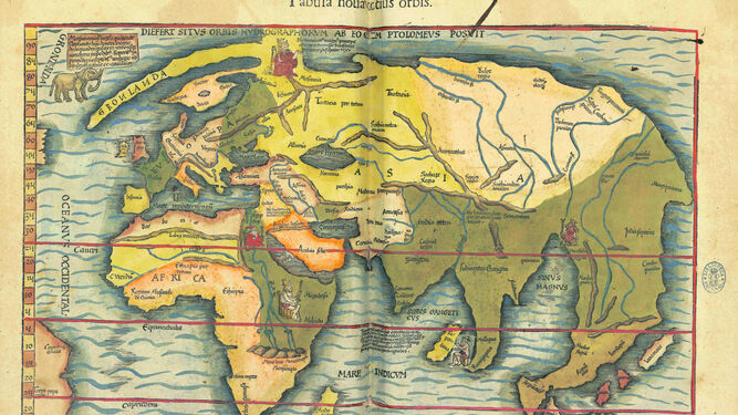 1. Mapa de la Tierra realizado en 1541 según las proyecciones de Ptolomeo. 2. Vista de una de las estancias de la exposición. 3. Planisferio celeste de Frederick de Wit (c. 1688). 4. Especulaciones sobre el interior de la Tierra en 'Mundus subterraneus' de Athanasius Kircher (1678). 5. Imagen extraída del 'Atlas completo de anatomía humana descriptiva' (1892) de Magín Cabanellas. 6. El Paraíso Terrenal, en el Beato de Liébana, códice de Fernando I y doña Sancha (1047). 7. La Tierra Prometida en 'Atlas ou representation du Monde Vniversel' de Gerard Mercator (1633).