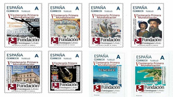 Los ocho sellos promovidos hasta ahora por la fundación en colaboración con el Club Filatélico Jerezano y Correos.