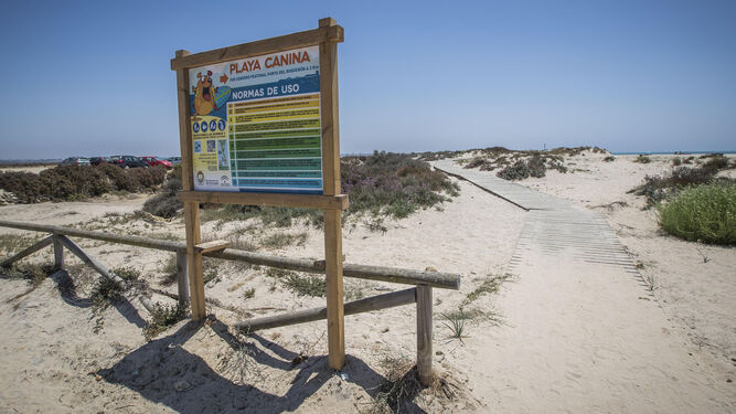 Cartel indicador de la playa canina en el que se enumeran las normas de uso. Está colocado en el acceso al sendero de la Punta, por el que se llega a la zona.
