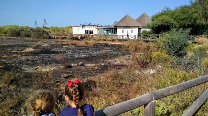 Dos niñas observando ayer por la mañana los daños provocados por el incendio en el centro El Camaleón y el cordón dunar de Chipiona.