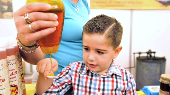 El pequeño Juan Andrés, que ya tiene sus propias colmenas, catando miel.