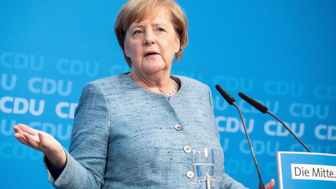 Angela Merkel, durante un anuncio de la CDU este domingo en Berlín, donde anunció la suspensión de la venta de armas a Arabia Saudí.