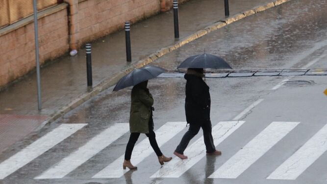 Dos mujeres cruzan un paso de cebra con sendos paraguas