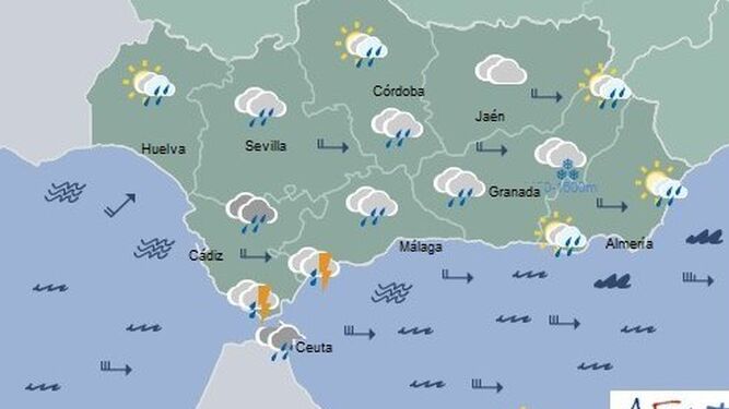 Previsión de lluvias de Aemet a partir de las 12:00 horas.