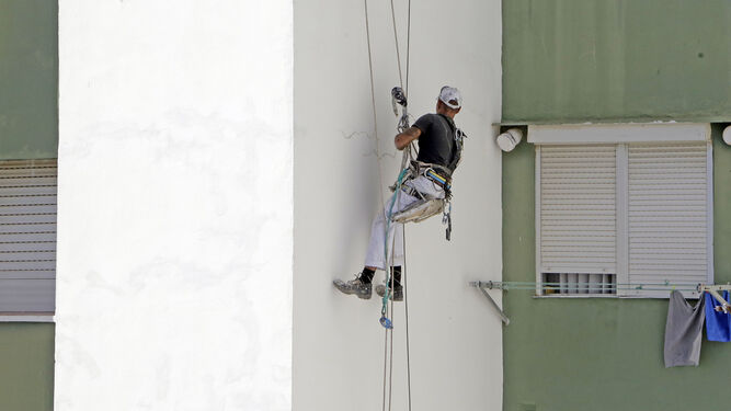 Un trabajador colgado de arneses en plena faena de adecentamiento de una fachada de un edificio en Jerez.