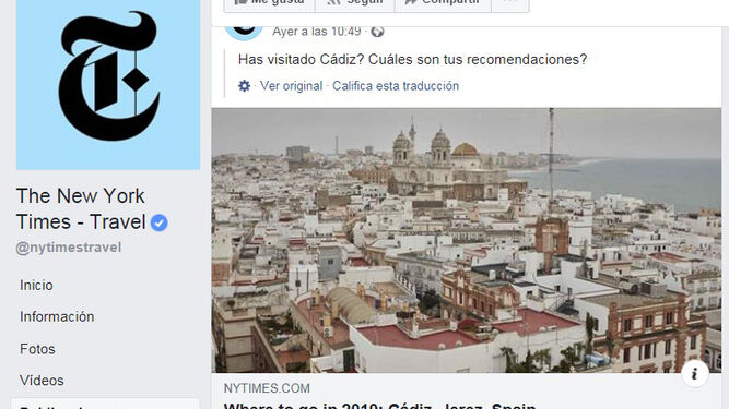 Enlace en la cuenta de facebook de 'The New York Time Travel' en el que se mantiene el nombre de Jerez.