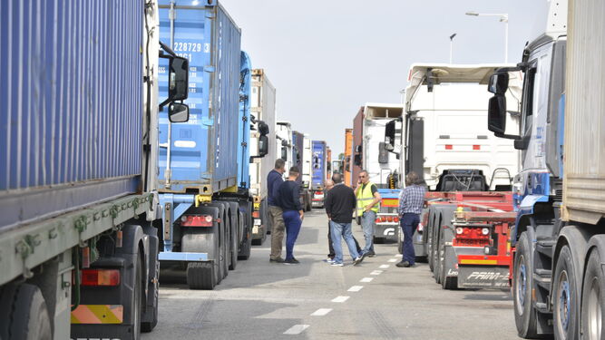 Varios camioneros, a la entrada del puerto de Algeciras.