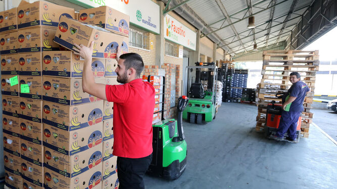 Un trabajador apila cajas de fruta en las instalaciones de Mercajerez.