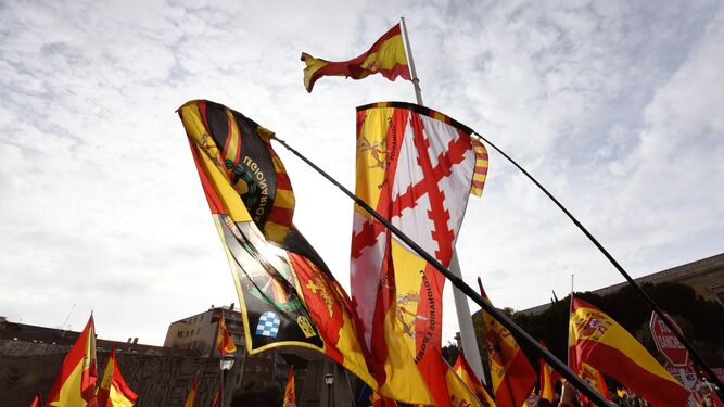 Muchas banderas de España en la concentración de la Plaza Colón en Madrid.