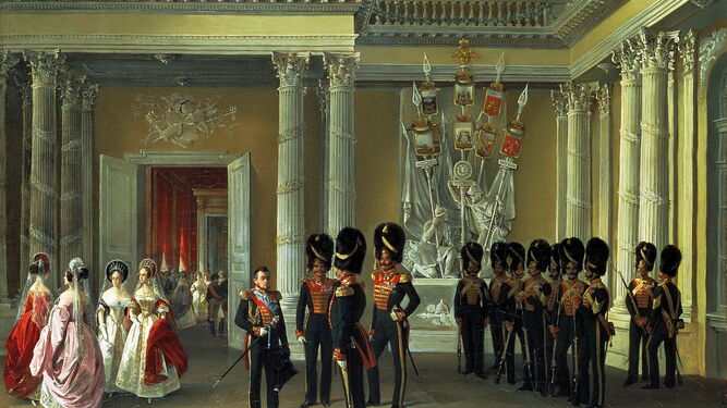 Sala de Armas en el Palacio de Invierno (1838) por Adolphe Ladurner, un año antes de la estancia de Custine en Rusia.