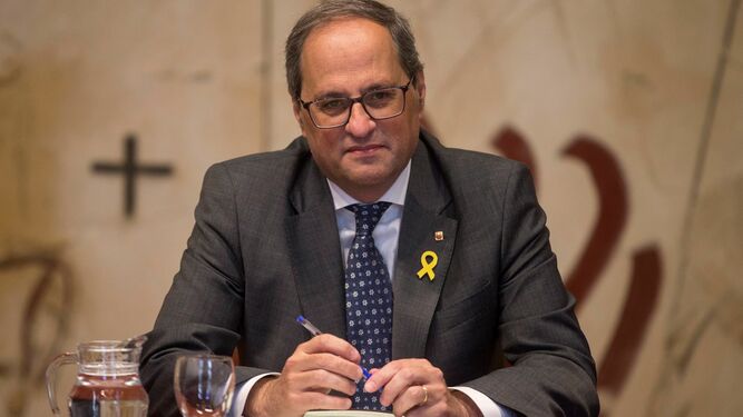 El presidente de la Generalitat, Quim Torra, durante la reunión semanal del Gobierno catalán, este miércoles.