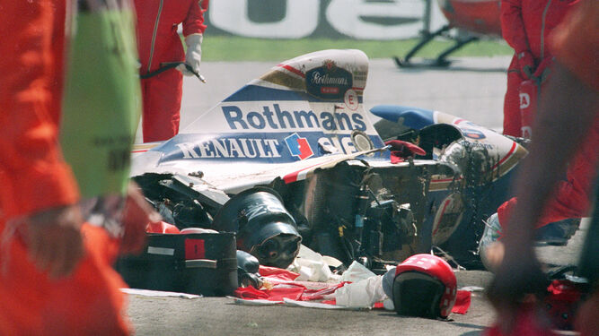 Estado del coche de Ayrton Senna tras el accidente en Imola.