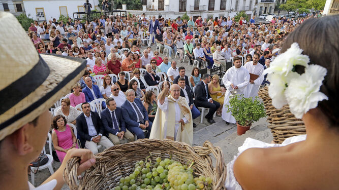 Bendición del nuevo mosto durante la tradicional ceremonia de la 'Pisa de la Uva' en el reducto de la Catedral en la última edición de las Fiestas de la Vendimia.