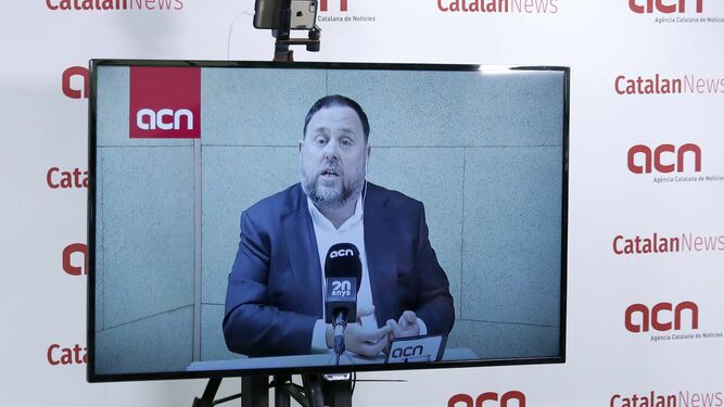 Oriol Junqueras, enun acto electoral por videoconferencia desde la cárcel antes del 28-A.