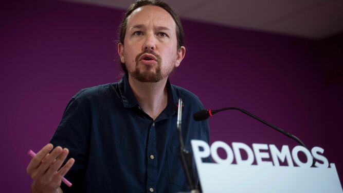 El secretario general de Unidas Podemos, Pablo Iglesias, este lunes en rueda de prensa en la sede del partido.