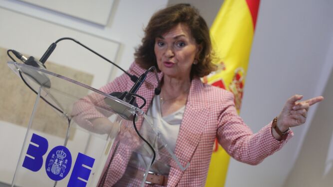 La vicepresidenta del Gobierno en funciones, Carmen Calvo, durante su intervención este miércoles en la presentación de la nueva web del BOE.