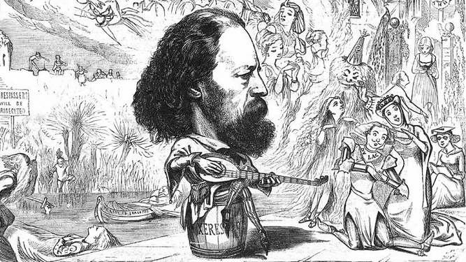 Alfred Tennyson sentado sobre un barril de jerez.