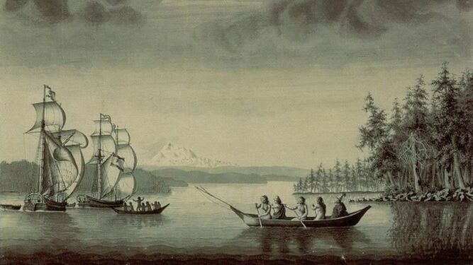 Nativos canadienses se dirigen a naves españolas.