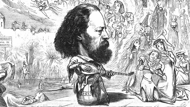 Ilustración de Alfred Tennyson sentado sobre una bota de jerez, vino que rehusó recoger.