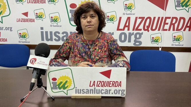 La portavoz de IU, Carmen Álvarez, en la rueda de prensa sobre el servicio de autobuses urbanos.
