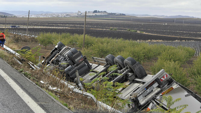 Accidente de un camión esta semana en la A-384, cerca de Villamartín.