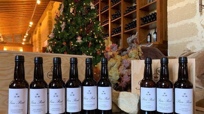 Botellas de la 'Saca Real' de vinos de Jerez para la campaña de Navidad de los Reyes Magos.