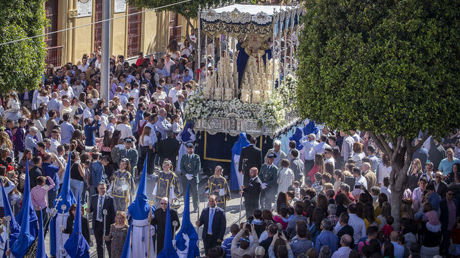 El paso de palio de la Borriquita en la multitudinaria salida que protagoniza a primeras horas de la tarde del Domingo de Ramos.