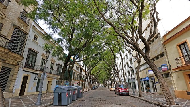 La calle Porvera totalmente vacía de peatones y de vehículos circulando.