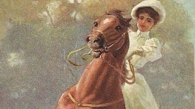 Mujer a caballo en una pintura de comienzos del siglo XX.