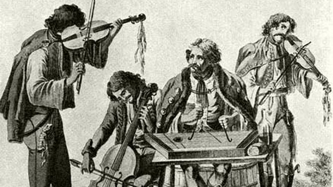 Grabado que muestra una banda de músicos gitanos hacia 1800, tocando dos violines, un violonchelo y el cimbalon (Biblioteca Nacional Széchenyi).